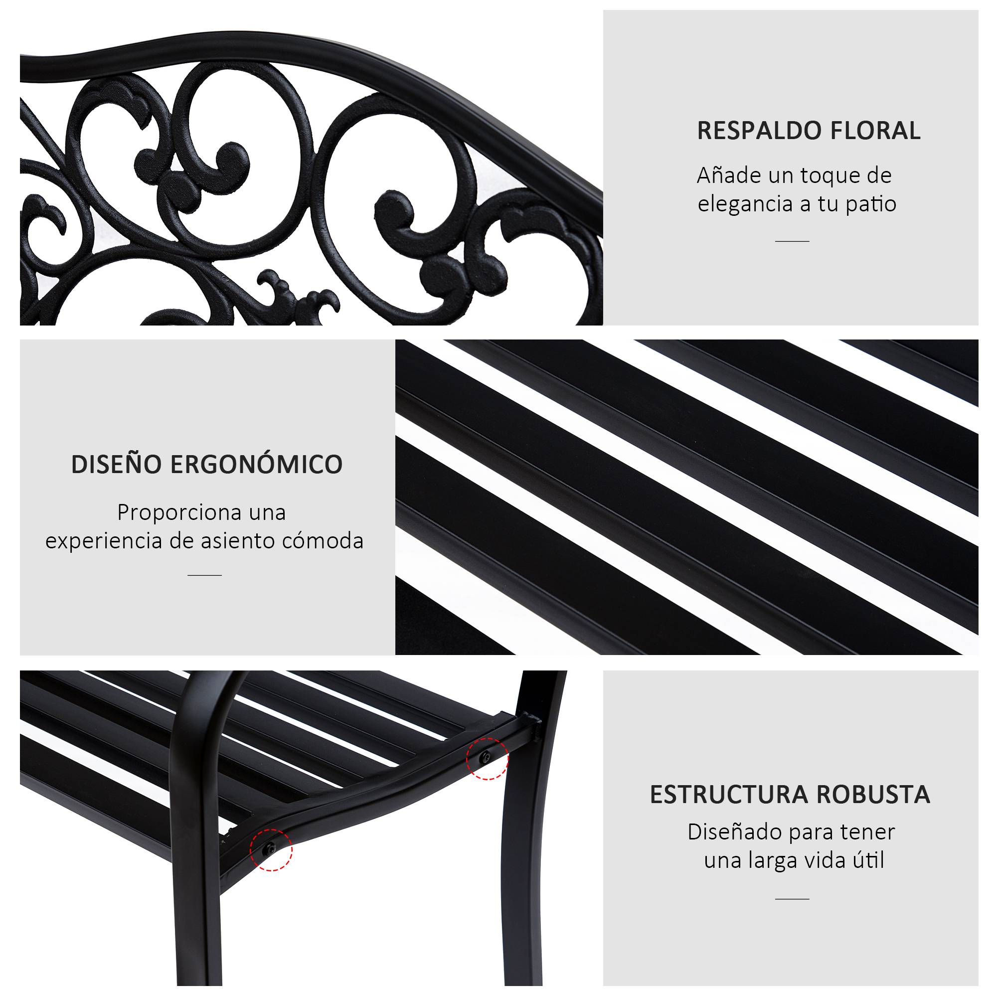 ComfortXL - Banc de jardin acier fonte extérieur Dossier classique incurvé 2 places 127x60x89cm noir - ComfortXL Outdoor Living - Image 7