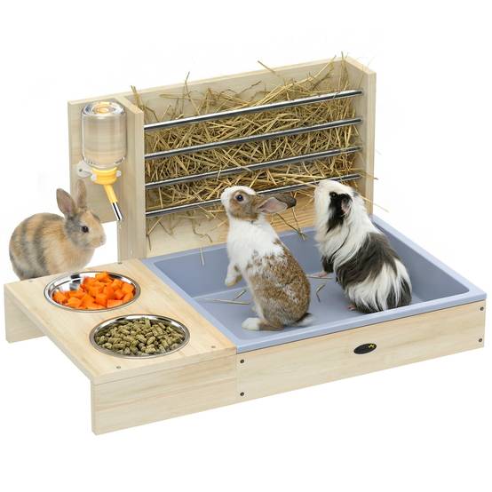 Mangeoire à foin pour lapins avec plateau, mangeoire en bois avec bol en acier inoxydable et biberon - Image 1