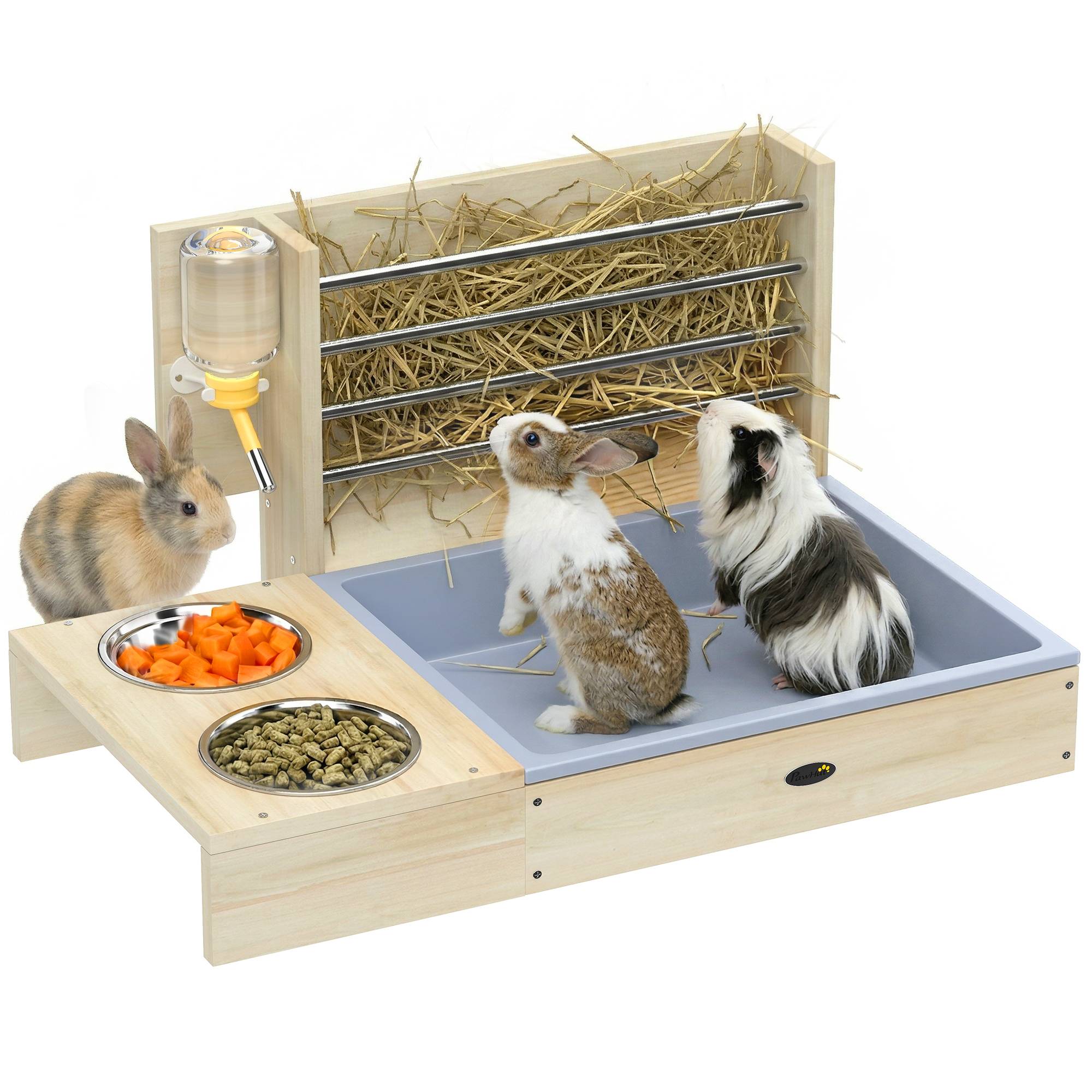 Mangeoire à foin pour lapins avec plateau, mangeoire en bois avec bol en acier inoxydable et biberon - Image 1