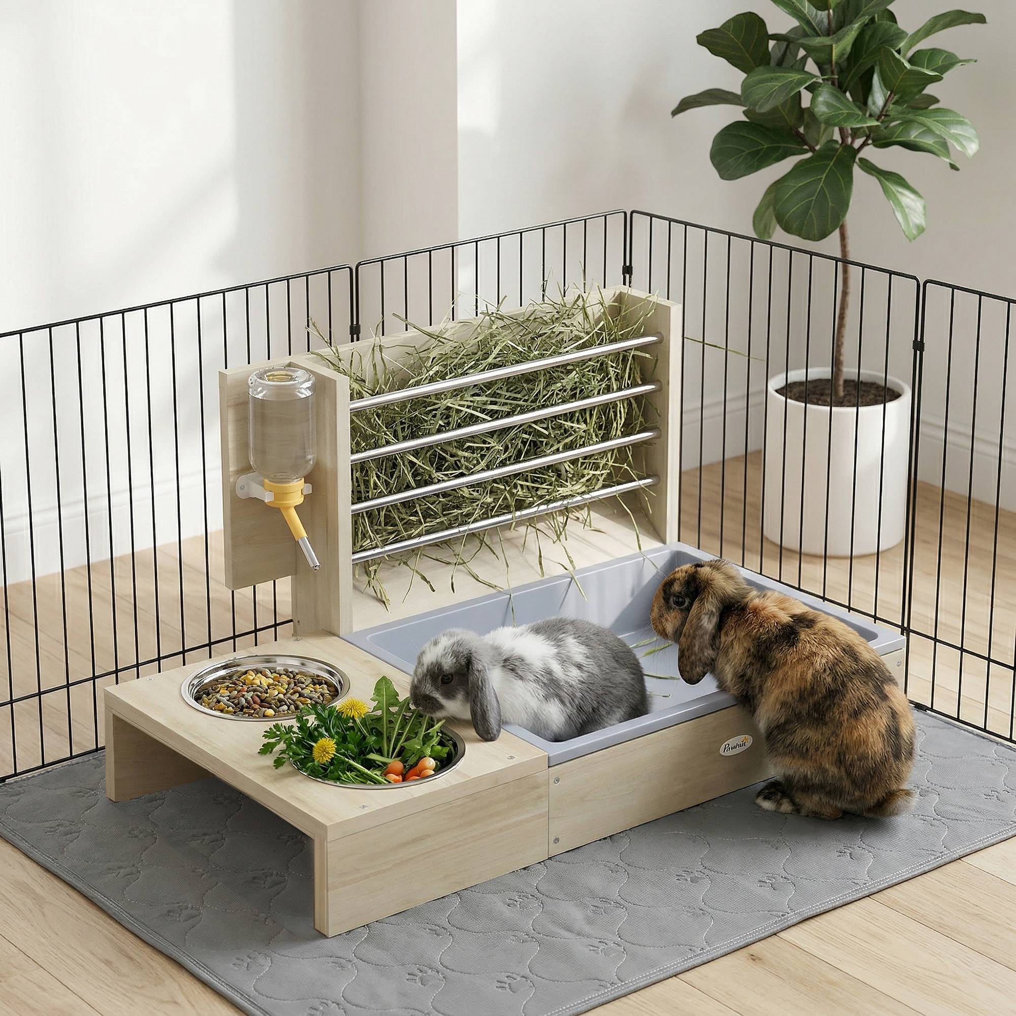 Mangeoire à foin pour lapins avec plateau, mangeoire en bois avec bol en acier inoxydable et biberon - Image 4