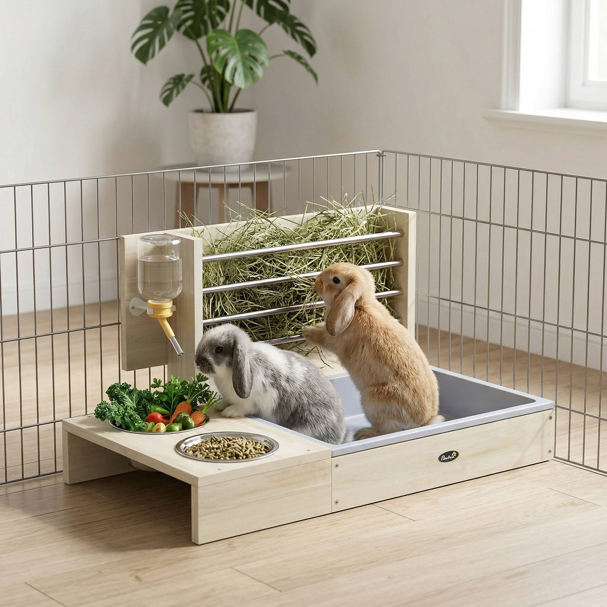 Mangeoire à foin pour lapins avec plateau, mangeoire en bois avec bol en acier inoxydable et biberon - Image 3