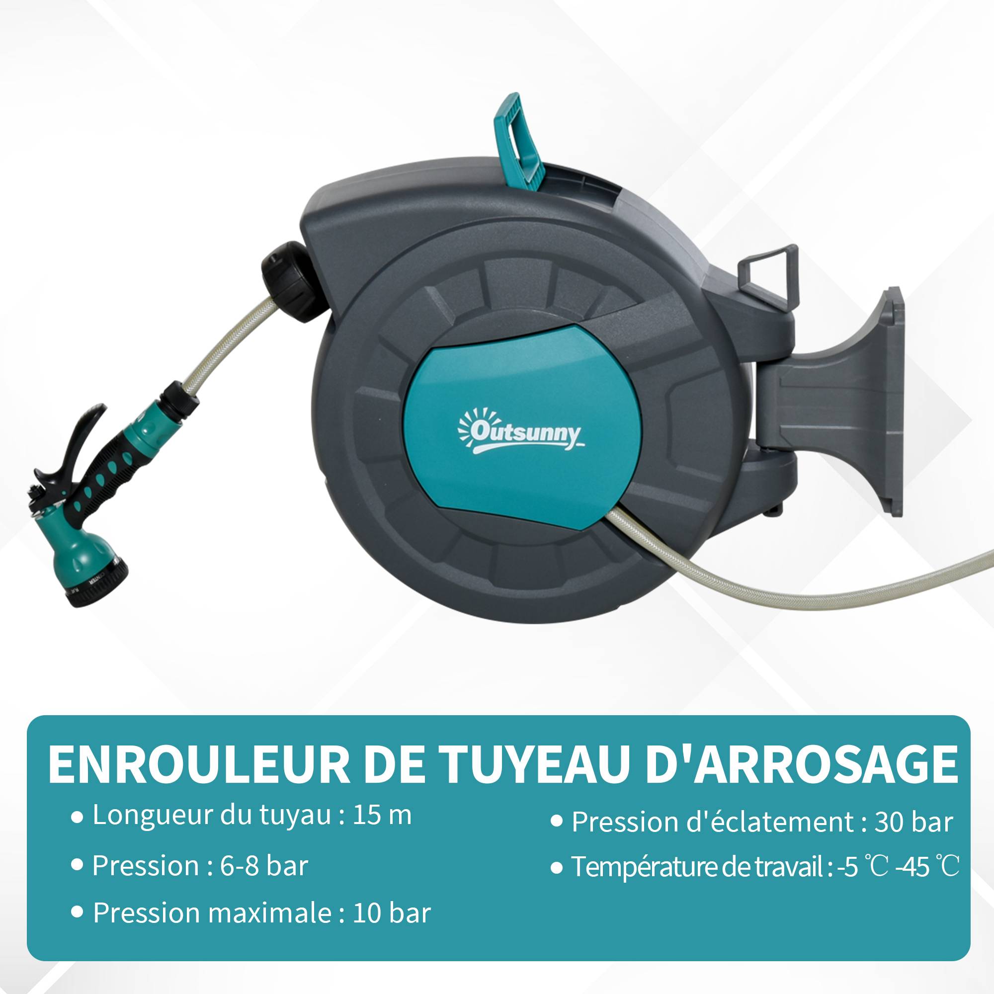 Outsunny - Dévidoir mural enrouleur automatique pivotant 180° tuyau 15 + 1,4 m avec lance arrosage support mural intégré turquoise gris - Outsunny - Imagen 4