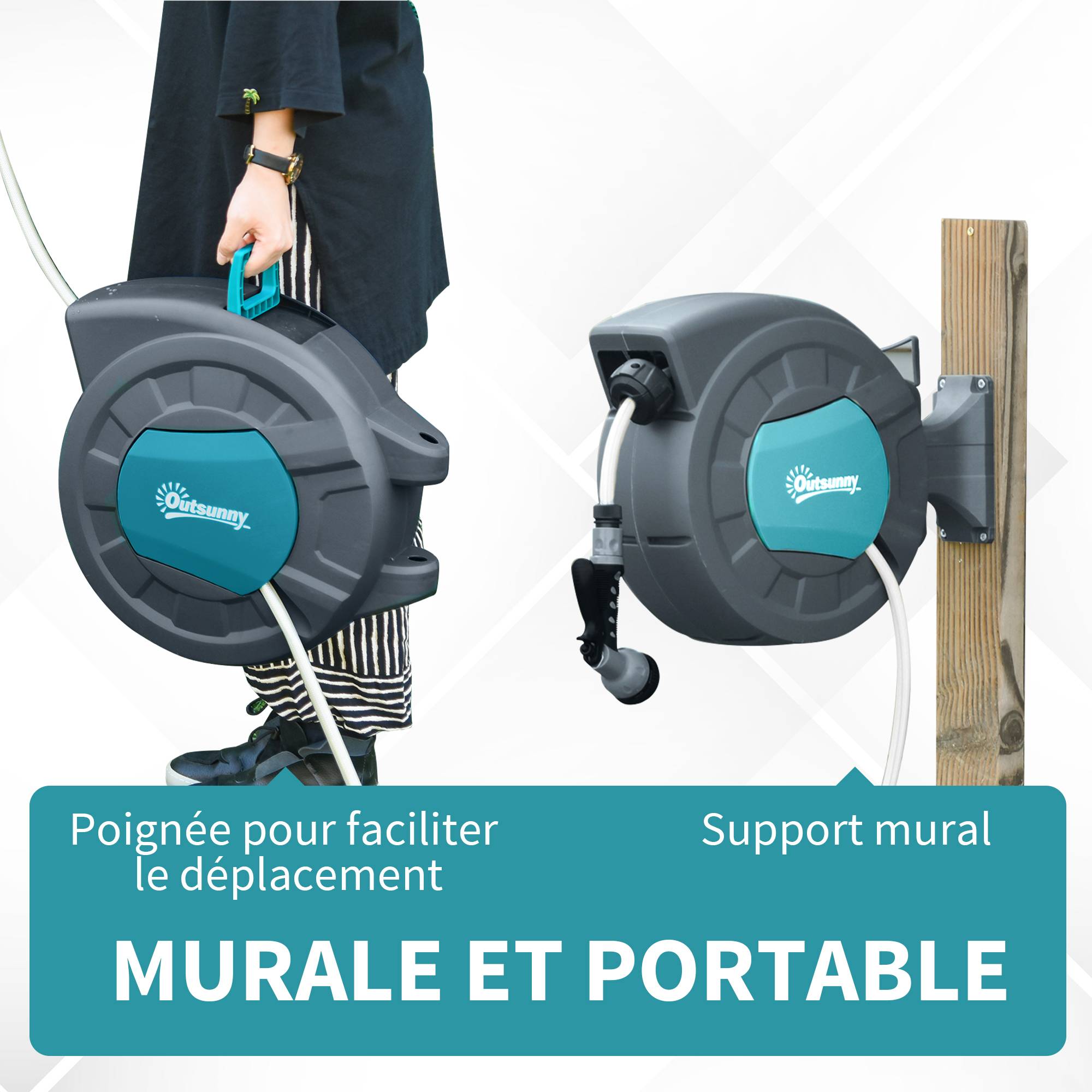Outsunny - Dévidoir mural enrouleur automatique pivotant 180° tuyau 15 + 1,4 m avec lance arrosage support mural intégré turquoise gris - Outsunny - Imagen 3