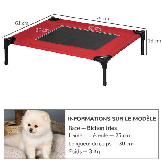 Lit surélevé chien chat Tissu Oxford respirant rafraîchissant été 76x61x18cm rouge noir - ComfortXL Outdoor Living - Image 5