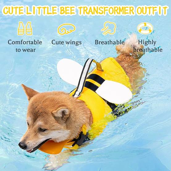Gilet de sauvetage pour chien - Flottaison haute visibilité - Design abeille - Poignée de secours - Living123 - Image 4