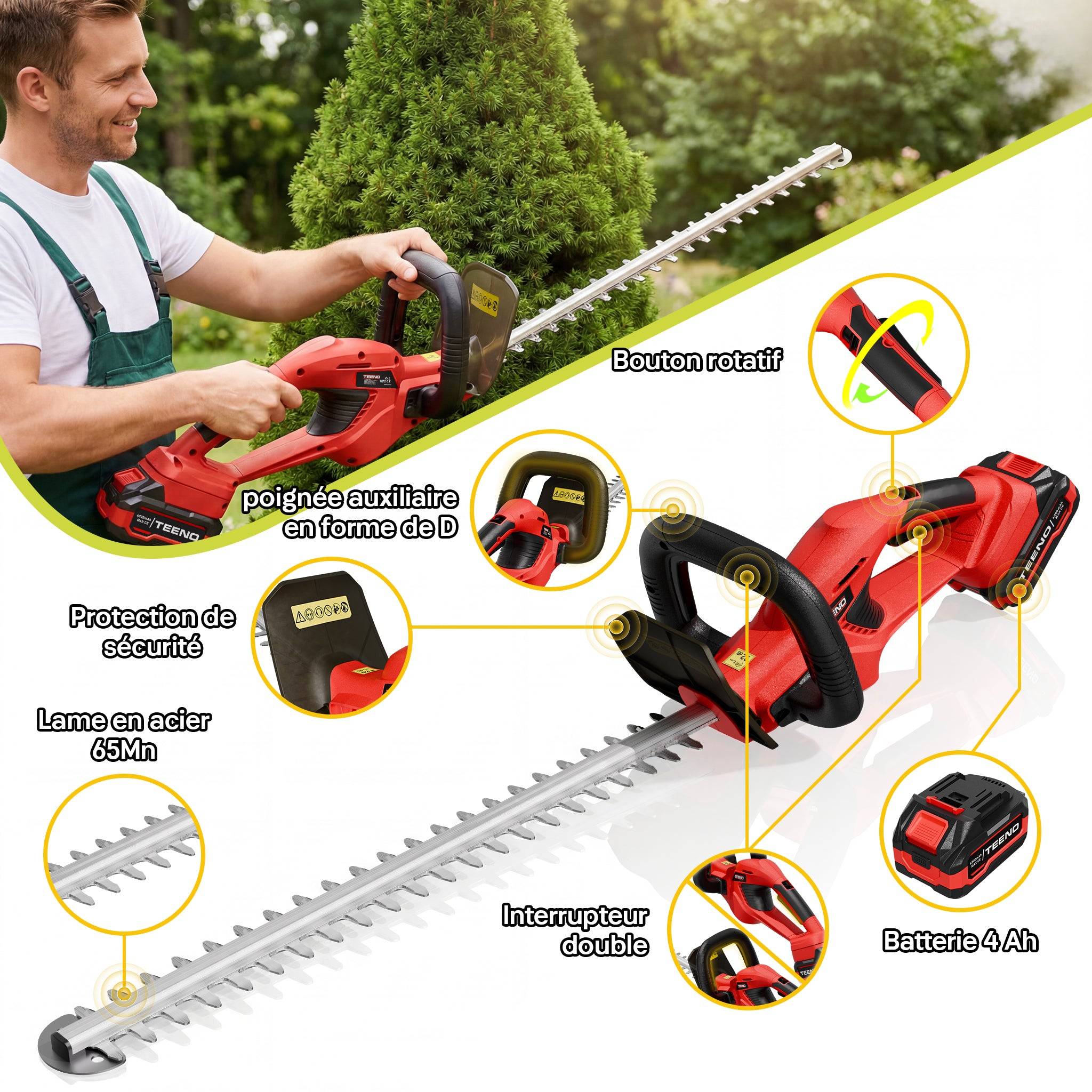 Teeno - Taille‑haies 20 V, batterie 4000 mAh, lame 52 cm, poignée rotative 180° - Image 2