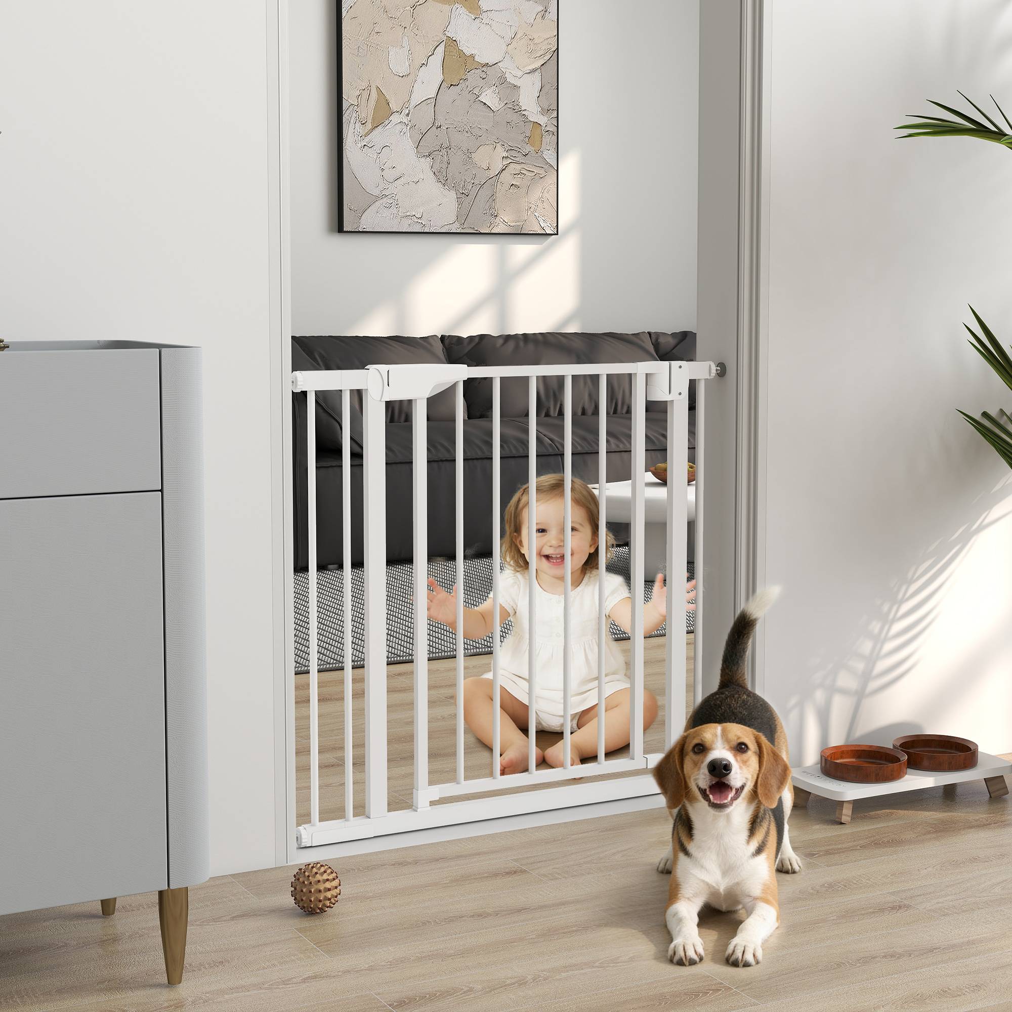 Barrière de sécurité pour enfants et chiens, largeur 76-88 cm, double verrouillage et fermeture automatique, ouverture bidirectionnelle, blanche - Image 4