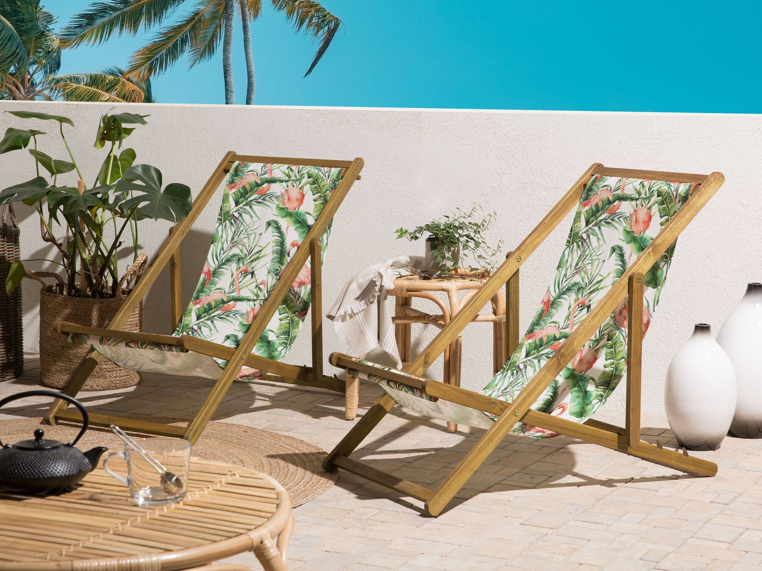 Beliani - 2 Transats Chaises Chiliennes Pliantes et Réglables en Bois d'Acacia Clair et Textile Vert avec Toiles de Remplacement - Imagen 2
