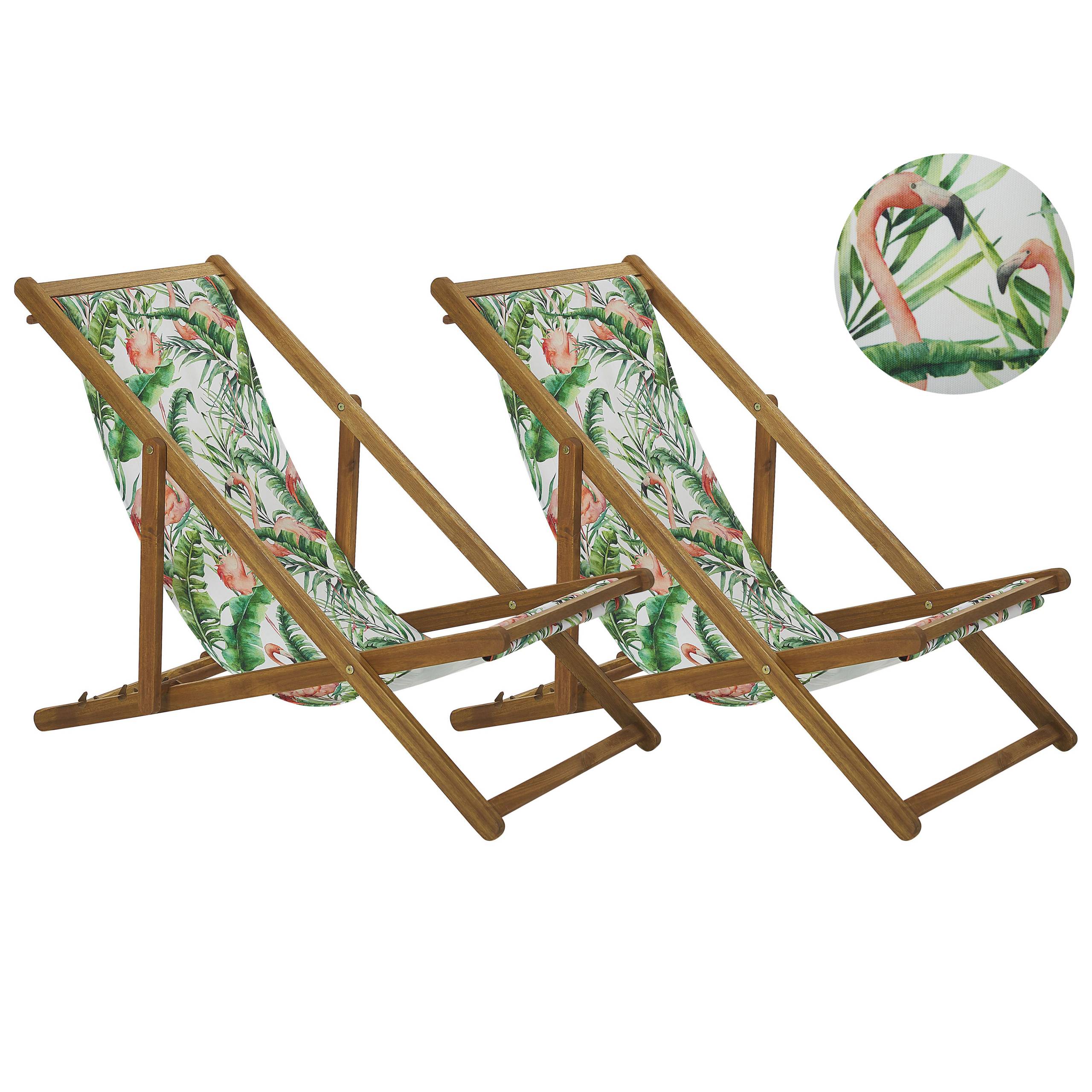 Beliani - 2 Transats Chaises Chiliennes Pliantes et Réglables en Bois d'Acacia Clair et Textile Vert avec Toiles de Remplacement - Imagen 1