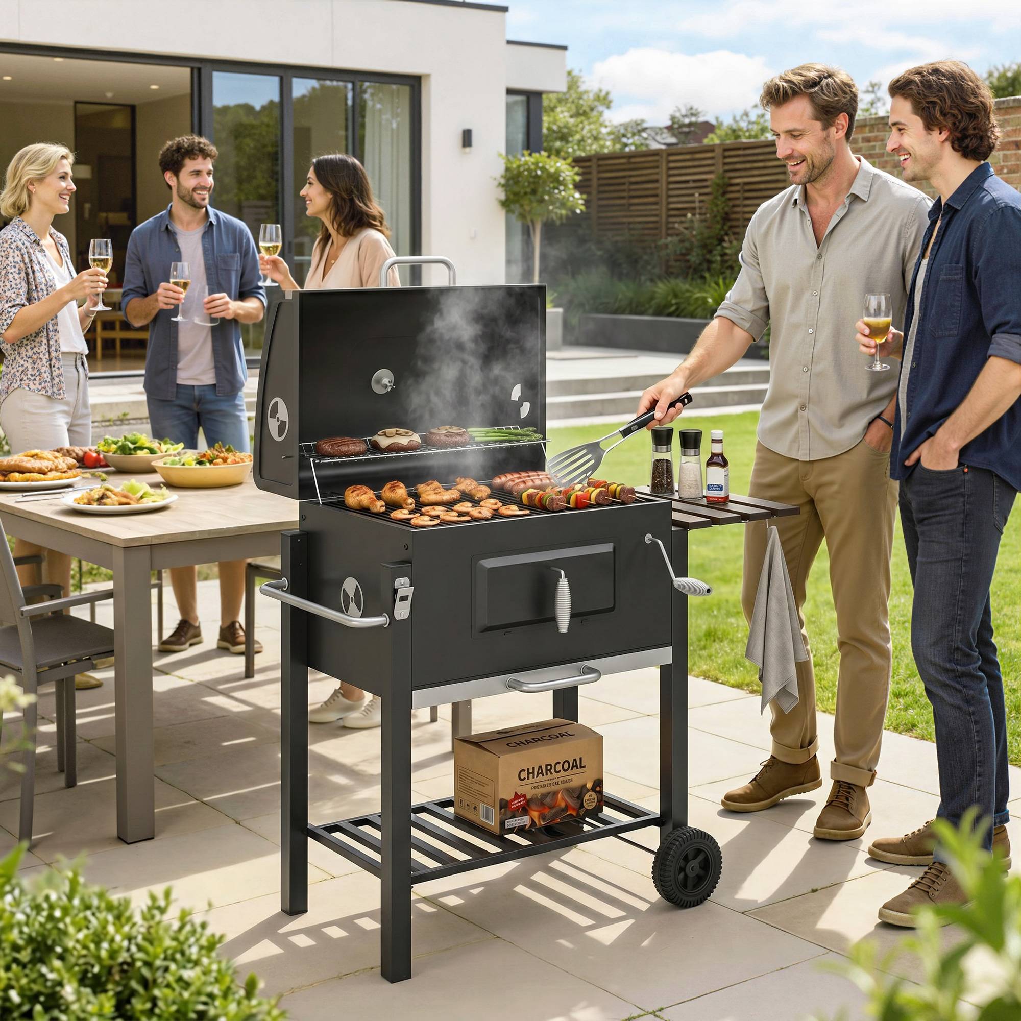 Barbecue charbon fumoir, 1 étagère, porte-serviette, 2 grilles,113x65x108cm, noir - Image 4