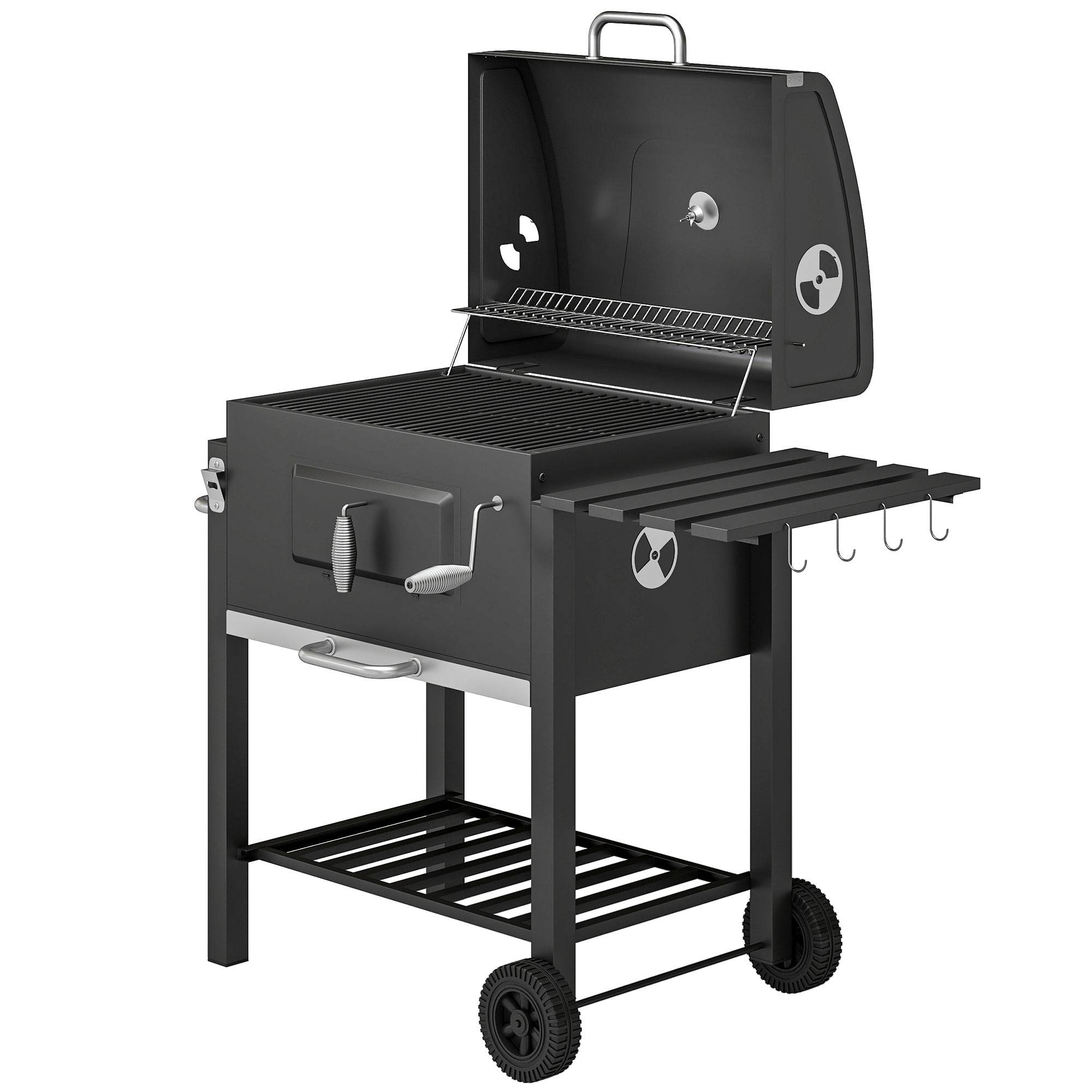 Barbecue charbon fumoir, 1 étagère, porte-serviette, 2 grilles,113x65x108cm, noir - Image 2
