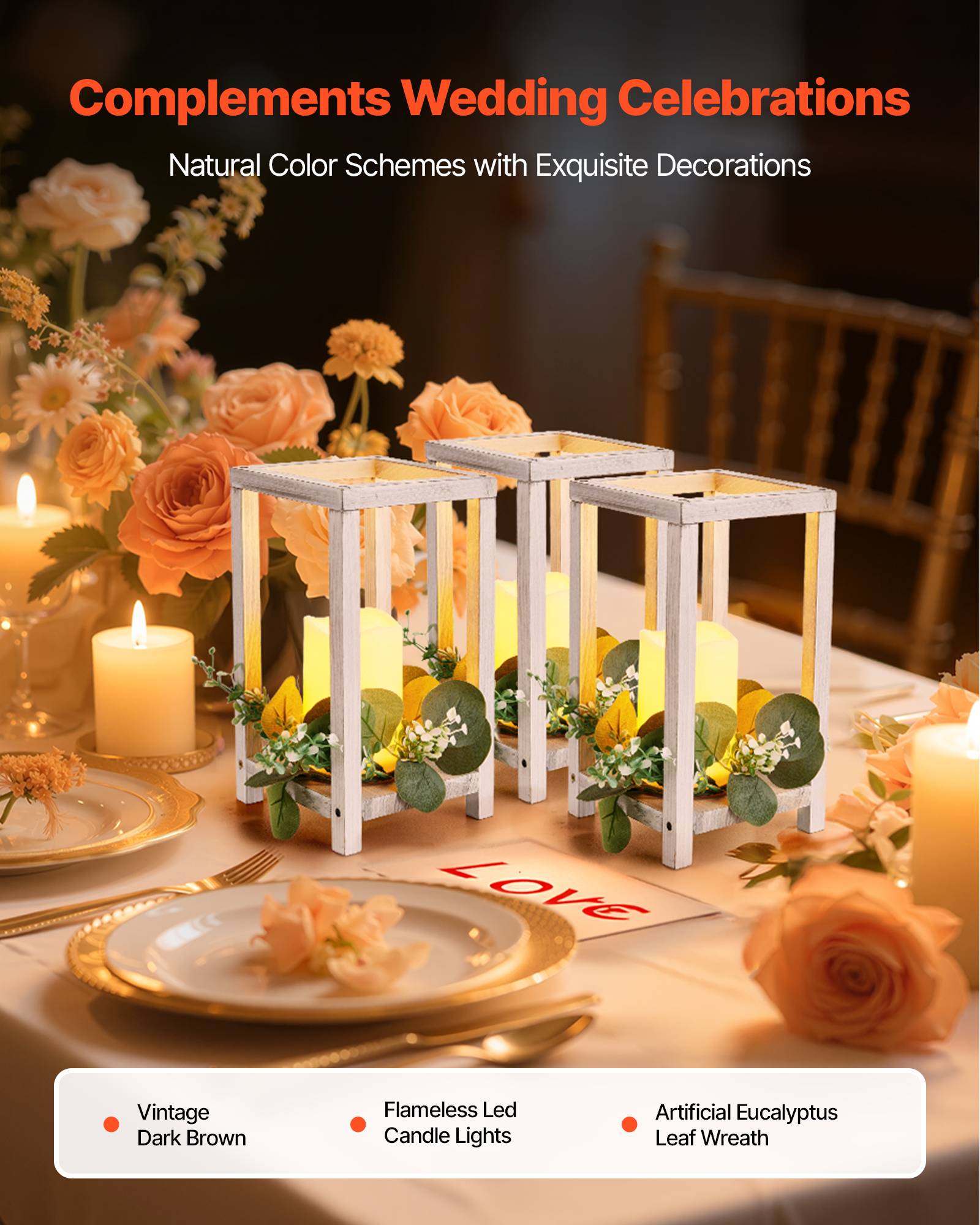 VEVOR Lanterne de Mariage Bois avec Bougies LED Couronnes Fleur Lot de 12 Blanc - Image 2
