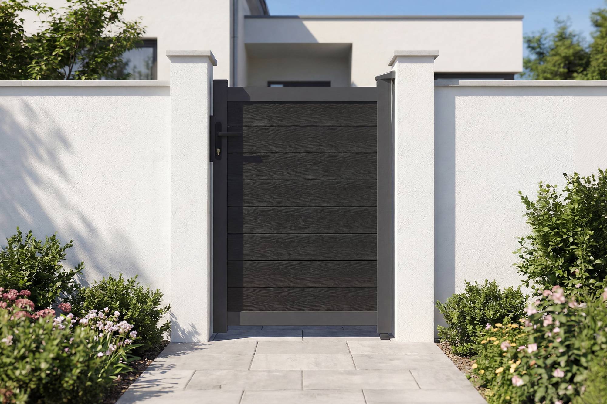 Casanoov Portail bois composite battant 3m ATHOS H.140cm gris anthracite avec cadre aluminium + portillon composite ATHOS 1m H.140cm - Image 4
