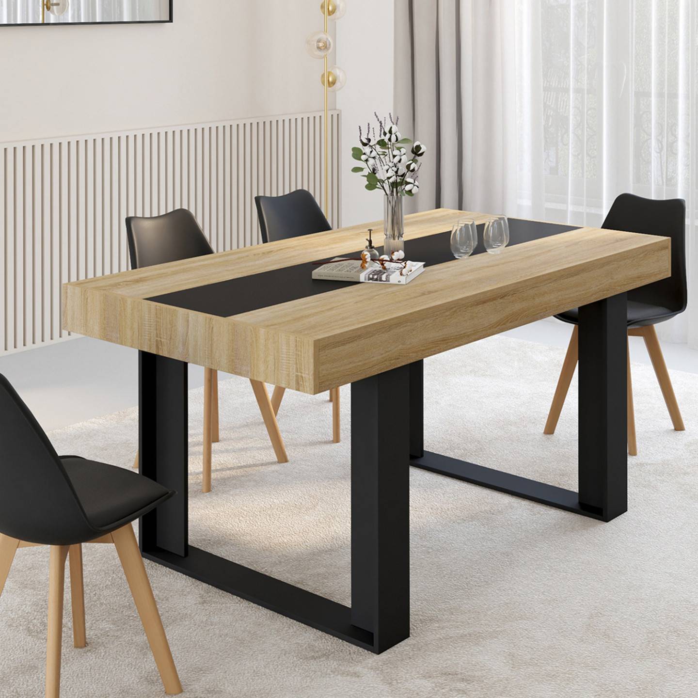 Table à manger rectangle PHOENIX 6 personnes bois et noir bande centrale noire 160 cm - Image 1