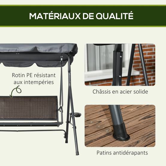 Balancelle de jardin 3 places acier résine tressée porte-gobelets toit inclinable marron - ComfortXL Outdoor Living - Image 8
