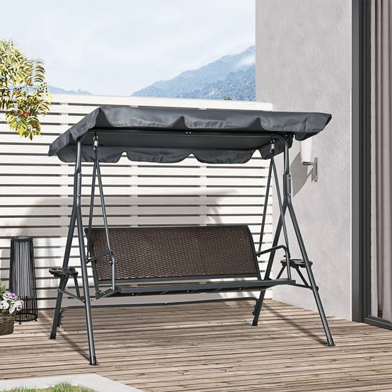 Balancelle de jardin 3 places acier résine tressée porte-gobelets toit inclinable marron - ComfortXL Outdoor Living - Image 4