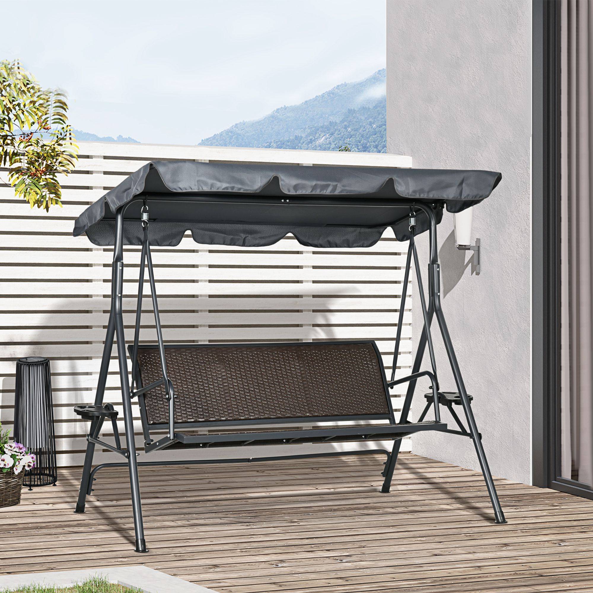 Balancelle de jardin 3 places acier résine tressée porte-gobelets toit inclinable marron - ComfortXL Outdoor Living - Image 4