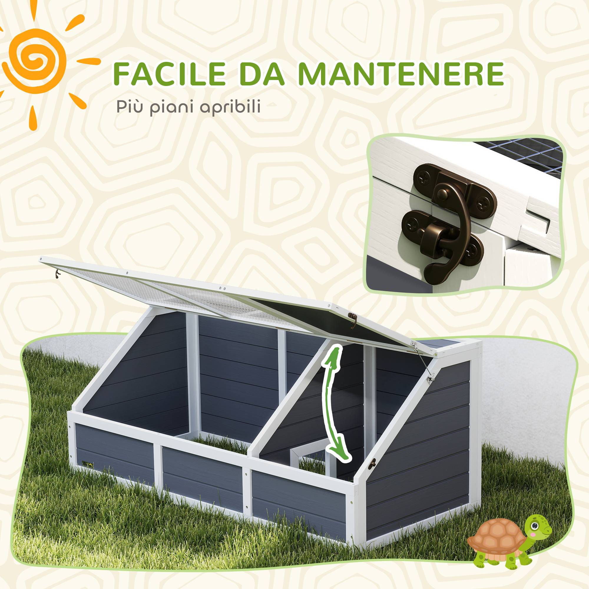 Maison pour tortues sans fond, en bois de sapin et acier galvanisé, 120 x 55 x 50 cm, gris et blanc - Image 9