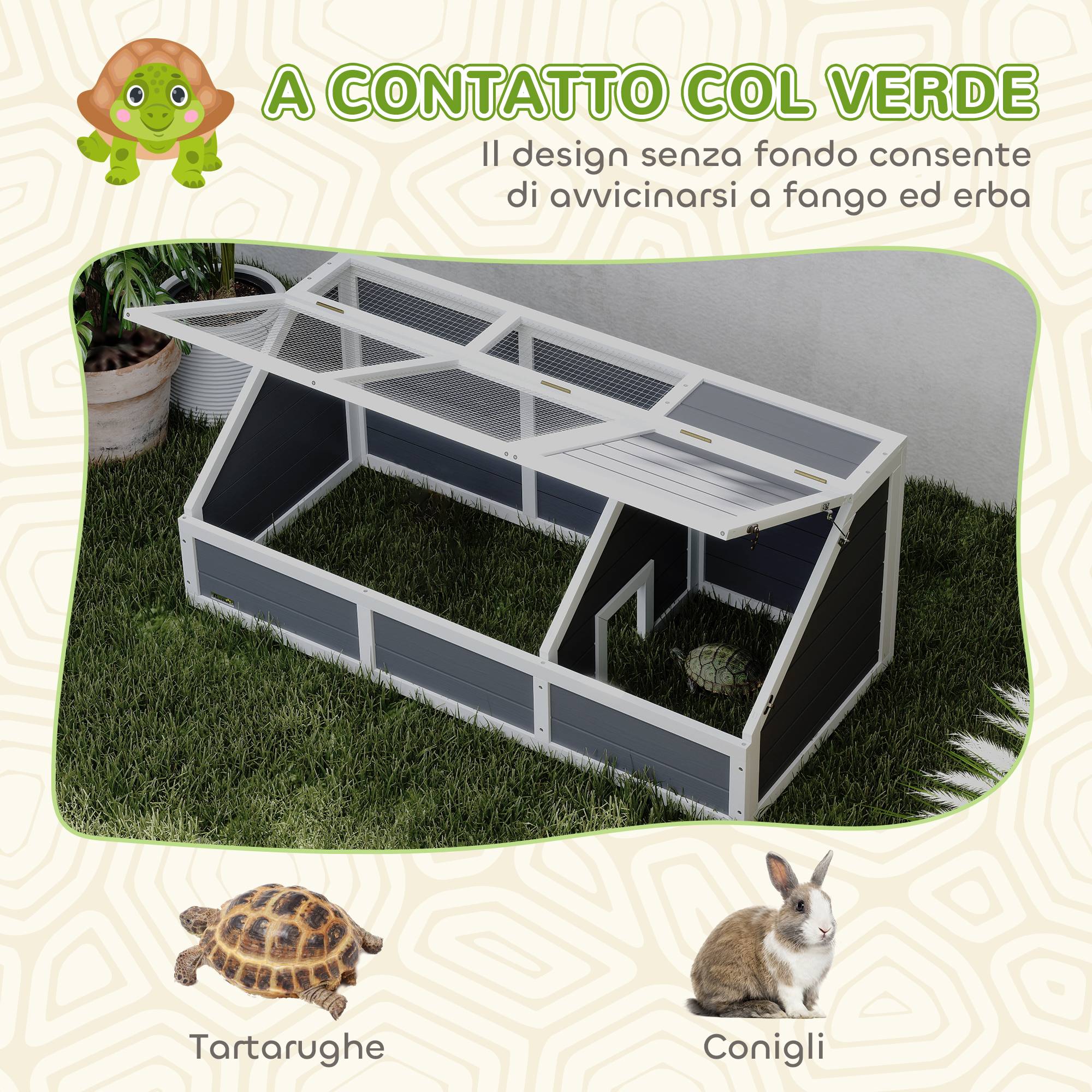 Maison pour tortues sans fond, en bois de sapin et acier galvanisé, 120 x 55 x 50 cm, gris et blanc - Image 7