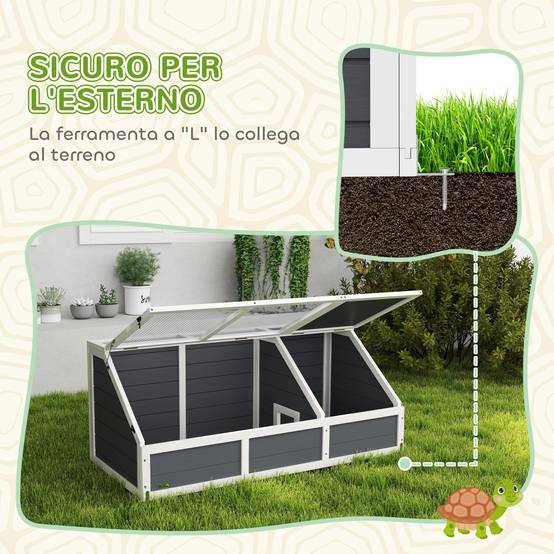 Maison pour tortues sans fond, en bois de sapin et acier galvanisé, 120 x 55 x 50 cm, gris et blanc - Image 6
