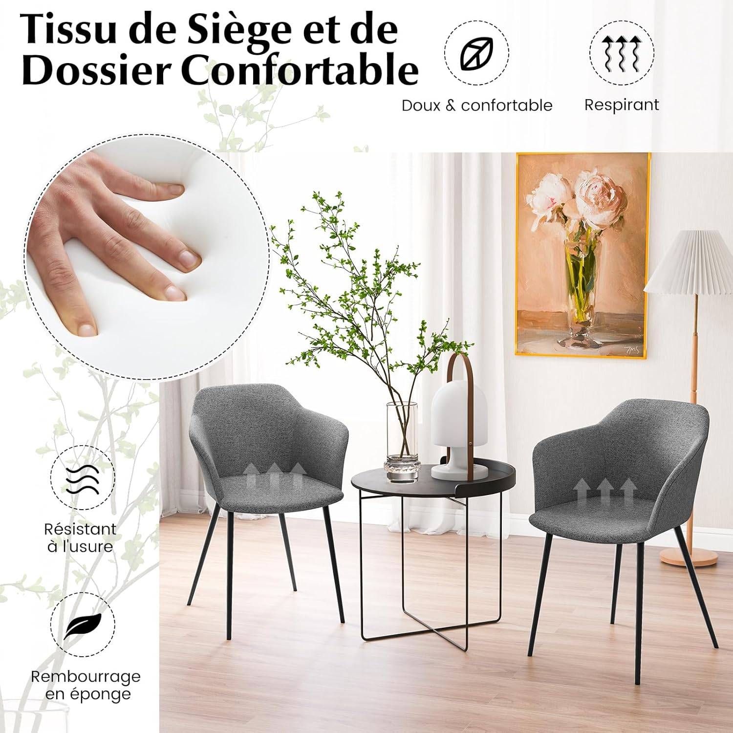 Costway - Fauteuil Scandinave Lot de 2, Fauteuil Salon Rembourrées avec Accoudoirs,Charge 150 KG (Gris foncé) - Image 3