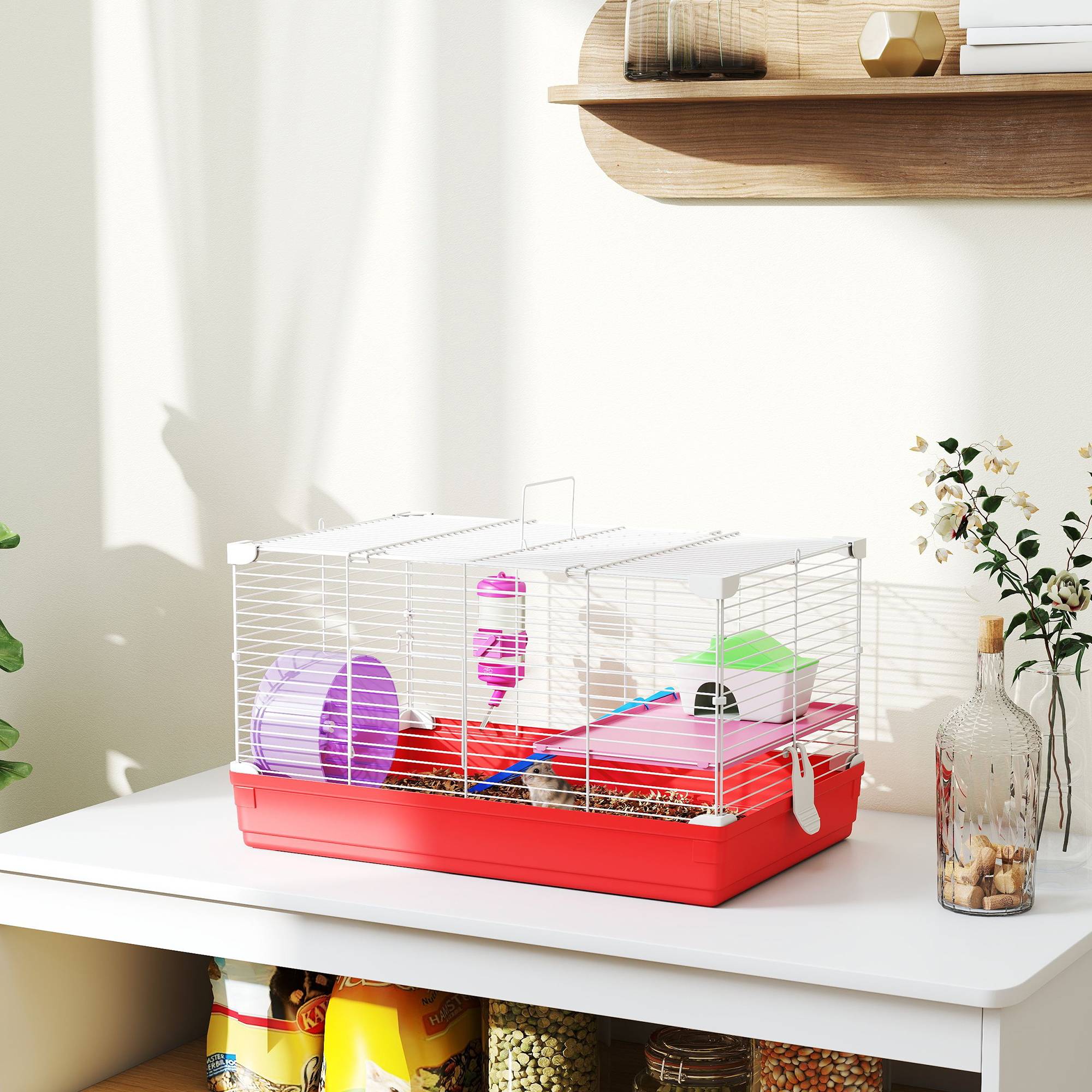 Cage hamster métal rongeurs 2 niveaux avec roue exercice 47x30cm blanc - ComfortXL Outdoor Living - Image 3