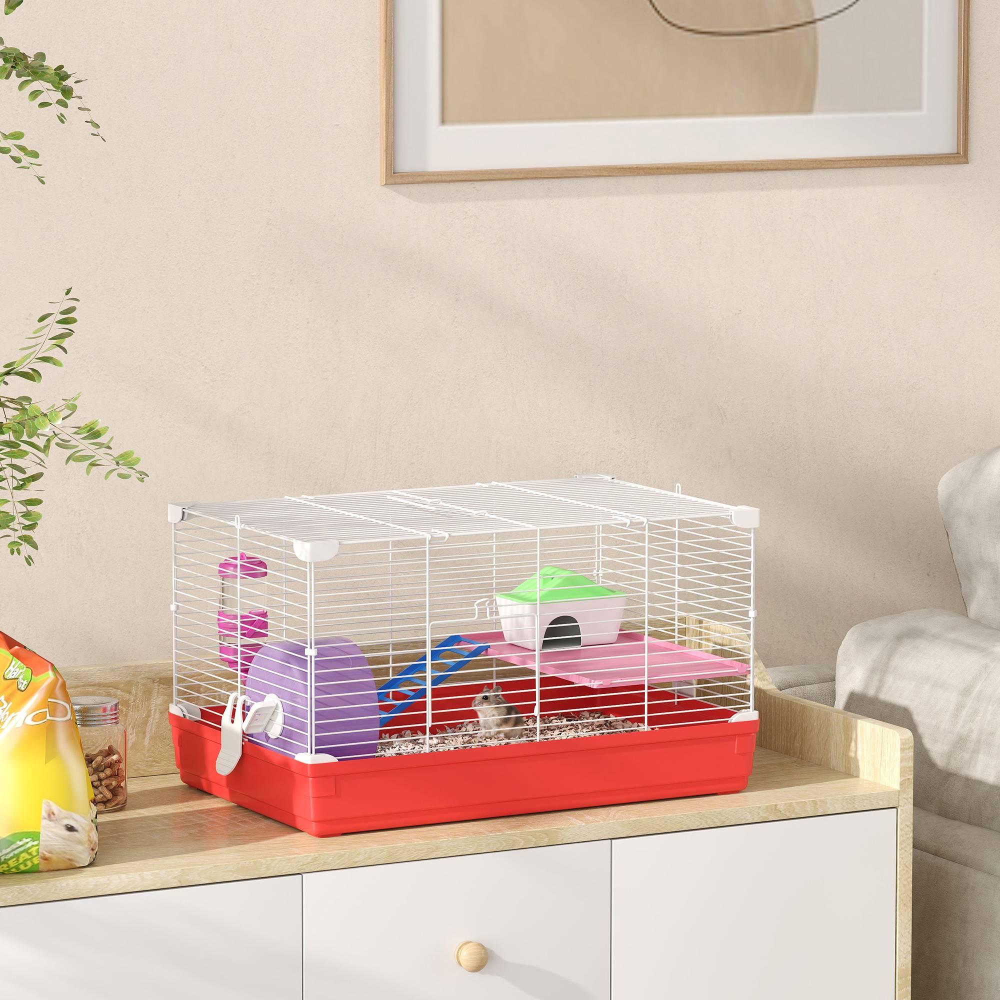 Cage hamster métal rongeurs 2 niveaux avec roue exercice 47x30cm blanc - ComfortXL Outdoor Living - Image 4