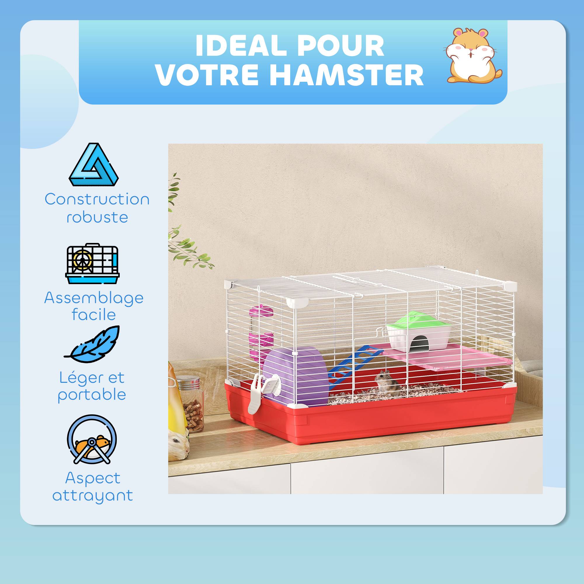 Cage hamster métal rongeurs 2 niveaux avec roue exercice 47x30cm blanc - ComfortXL Outdoor Living - Image 9