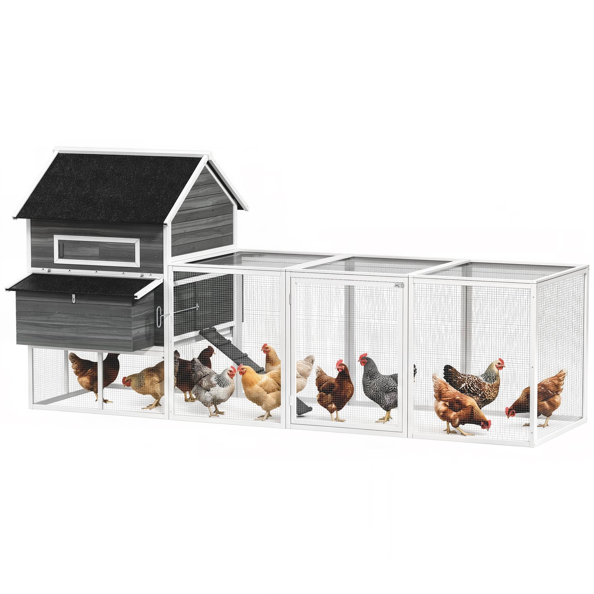 Poulailler en bois avec enclos extérieur, pondoir, toit amovible en asphalte, plateau pour 4 à 6 poules, 347 x 160 x 150 cm, gris foncé - Image 1