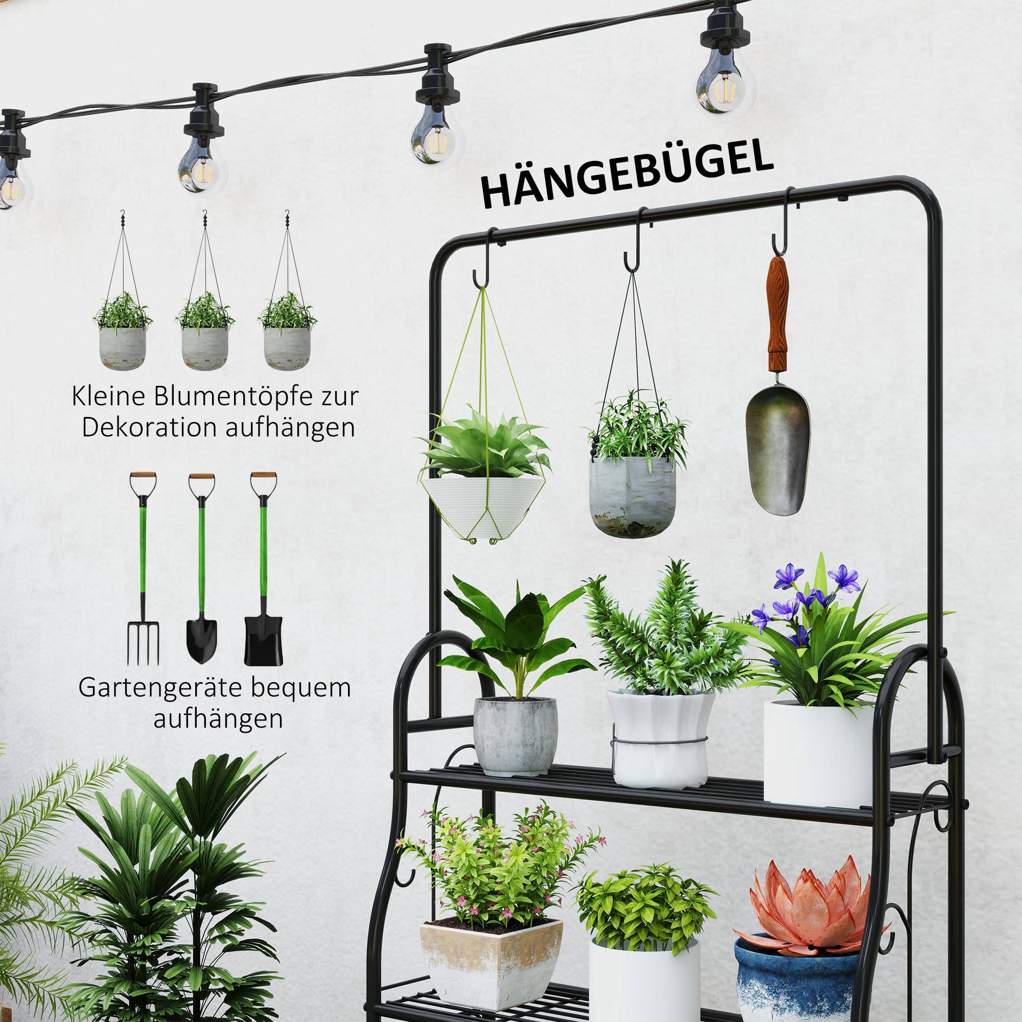 Étagère à fleurs 3 niveaux crochets suspension métal pots de fleurs intérieur extérieur support noir jardin balcon - Image 7