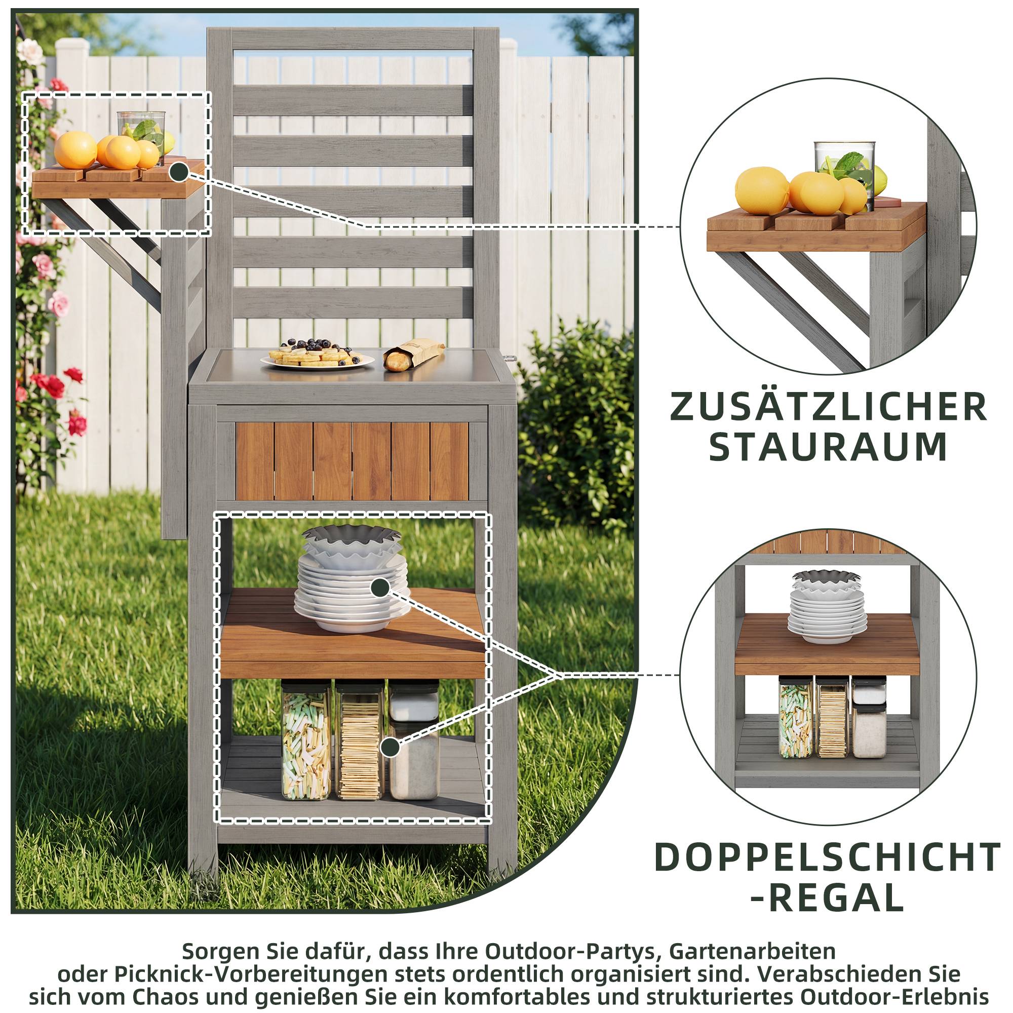 ComfortXL - Desserte jardin bois massif station barbecue avec plan travail inox 74x54x149cm naturel - ComfortXL Outdoor Living - Image 4