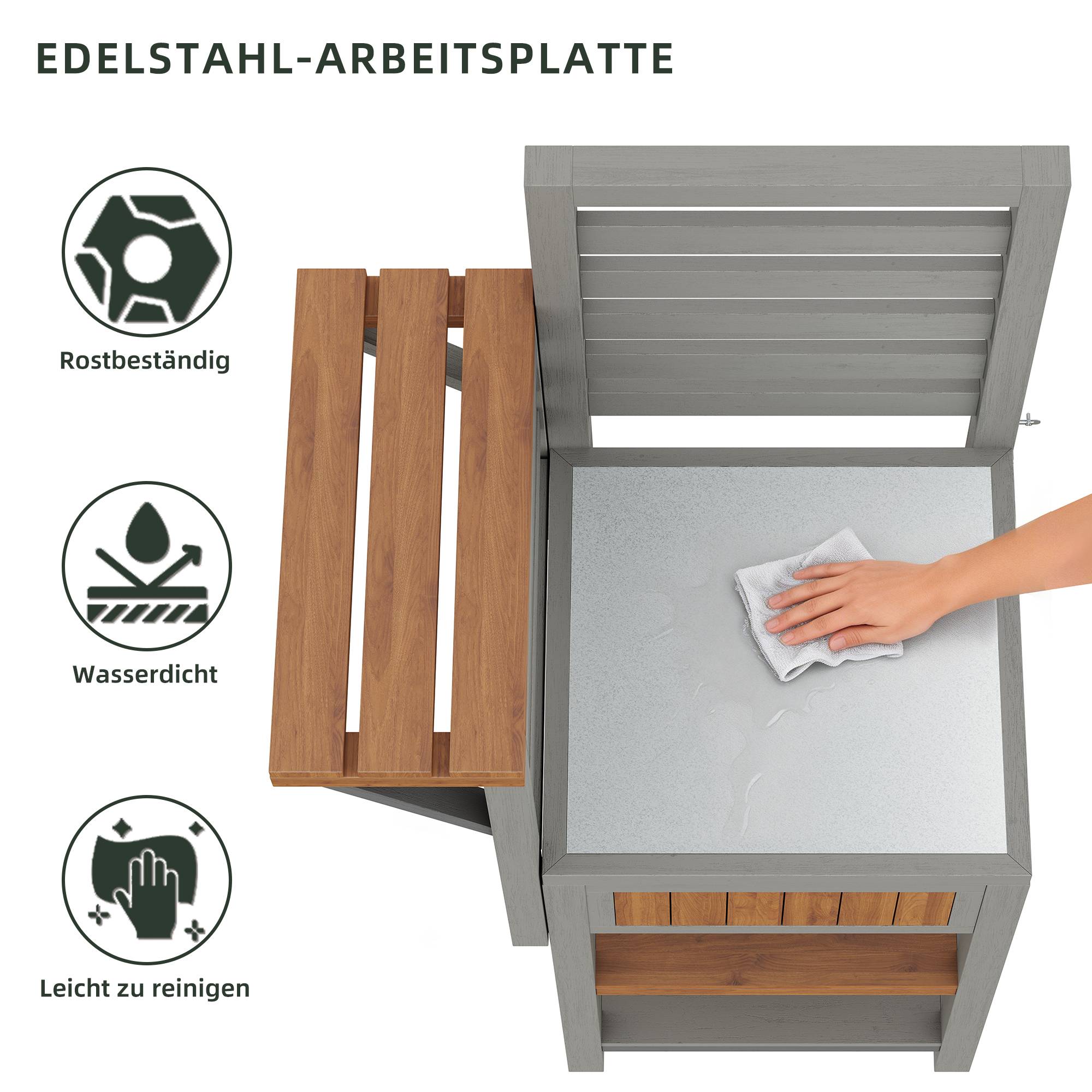ComfortXL - Desserte jardin bois massif station barbecue avec plan travail inox 74x54x149cm naturel - ComfortXL Outdoor Living - Image 5