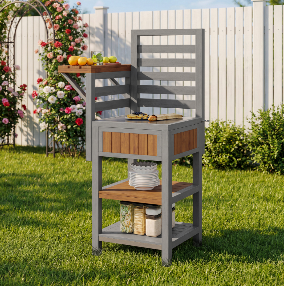 ComfortXL - Desserte jardin bois massif station barbecue avec plan travail inox 74x54x149cm naturel - ComfortXL Outdoor Living - Image 1