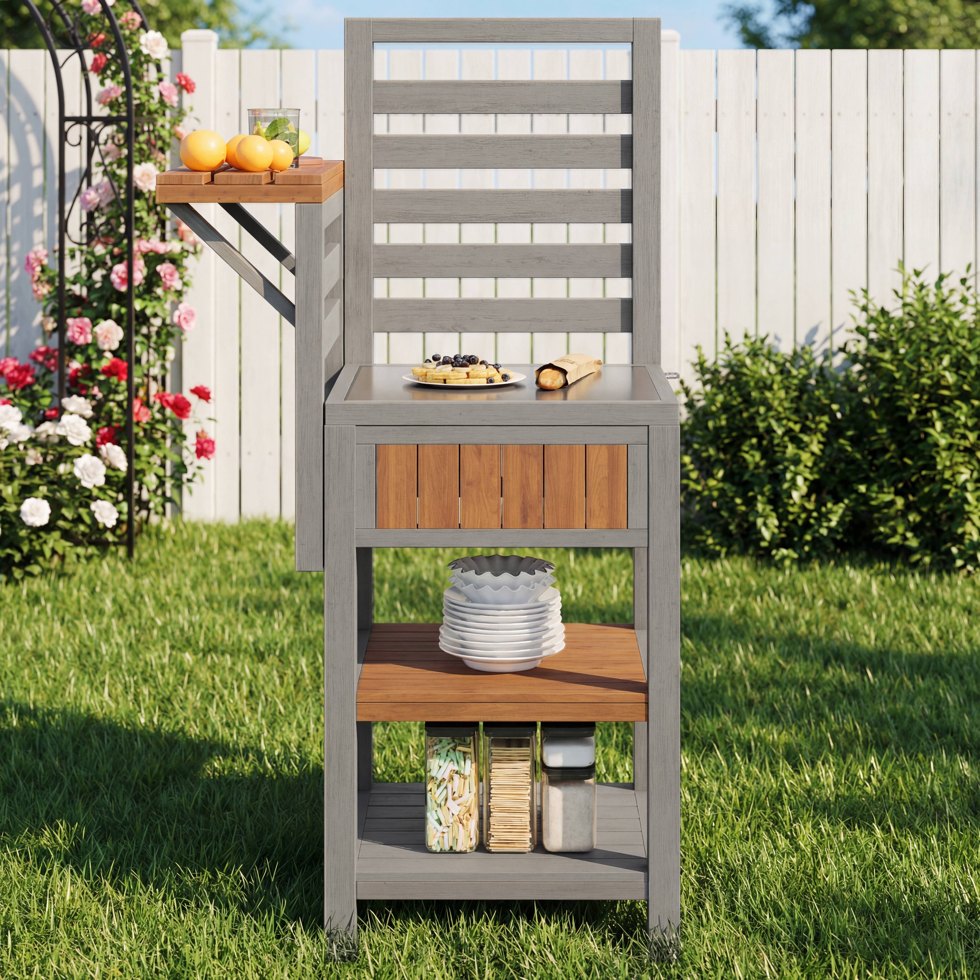 ComfortXL - Desserte jardin bois massif station barbecue avec plan travail inox 74x54x149cm naturel - ComfortXL Outdoor Living - Image 8