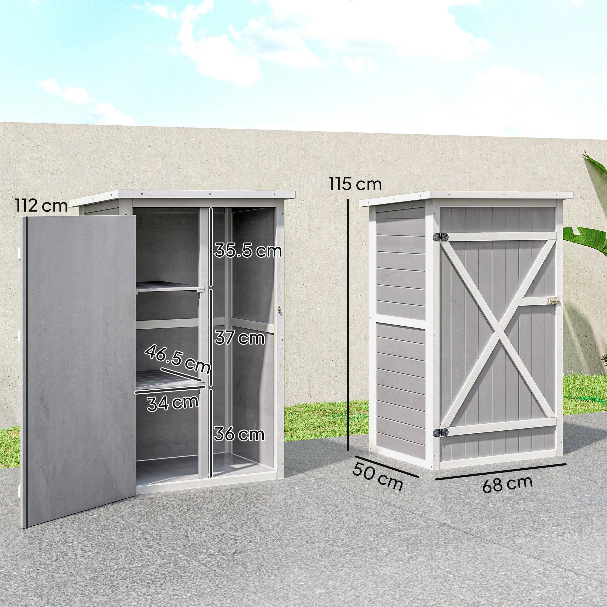 Abri de jardin en bois avec 2 étagères et toit étanche, 75 x 56 x 115 cm, gris - Image 5