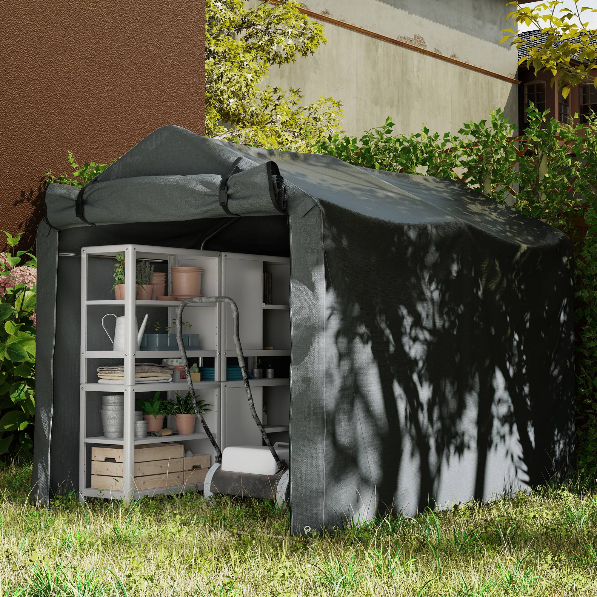 Abri de jardin extérieur pour outils et vélos, 2,2 x 1,57 x 1,65 m, avec porte zippée, imperméable, gris foncé - Image 9