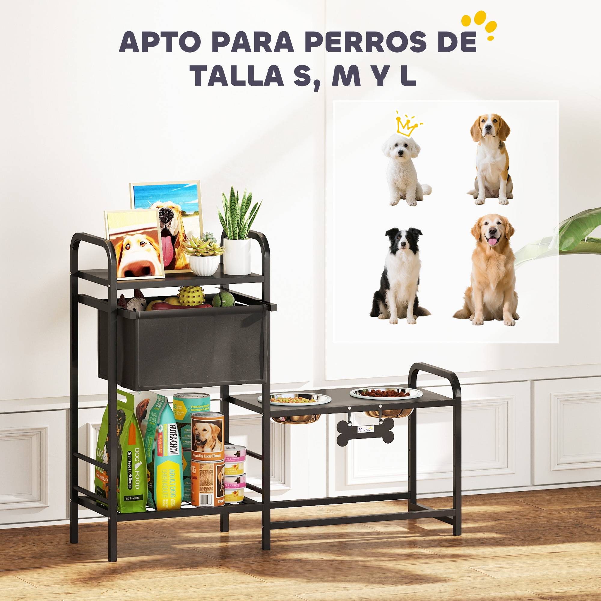 Gamelle surélevée pour chien avec tiroir en tissu, 2 gamelles en acier inoxydable (2 x 800 ml), hauteur réglable, 2 étagères, noire - Image 10