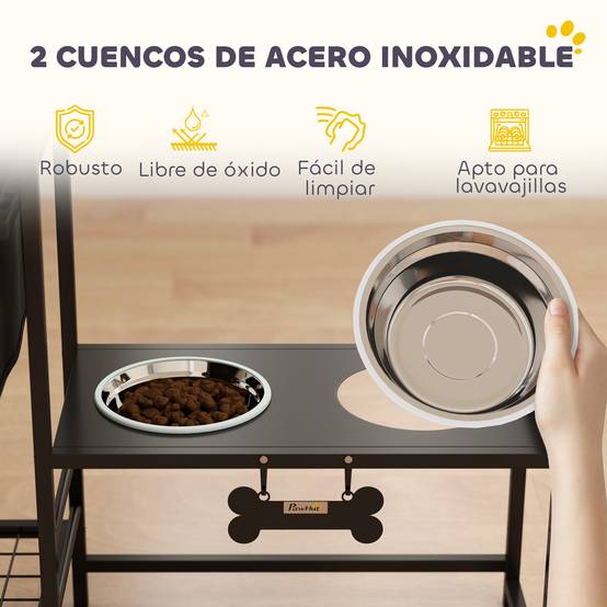 Gamelle surélevée pour chien avec tiroir en tissu, 2 gamelles en acier inoxydable (2 x 800 ml), hauteur réglable, 2 étagères, noire - Image 8