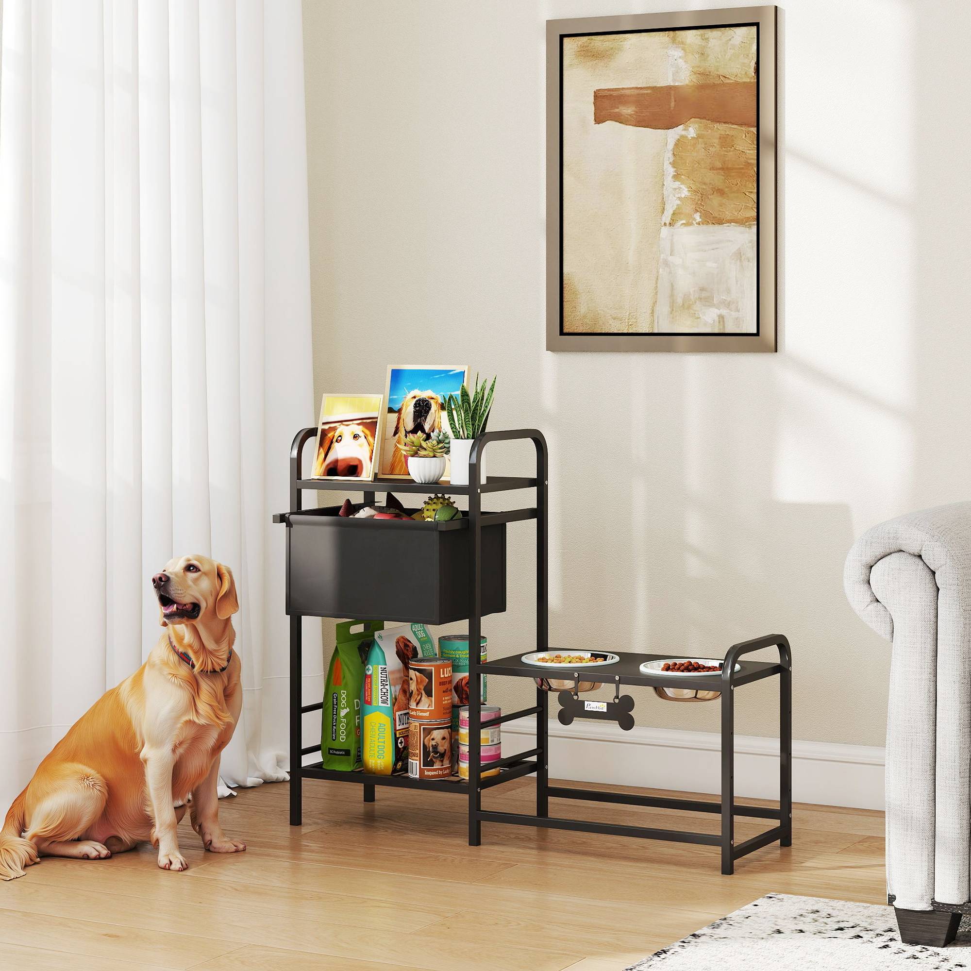 Gamelle surélevée pour chien avec tiroir en tissu, 2 gamelles en acier inoxydable (2 x 800 ml), hauteur réglable, 2 étagères, noire - Image 4