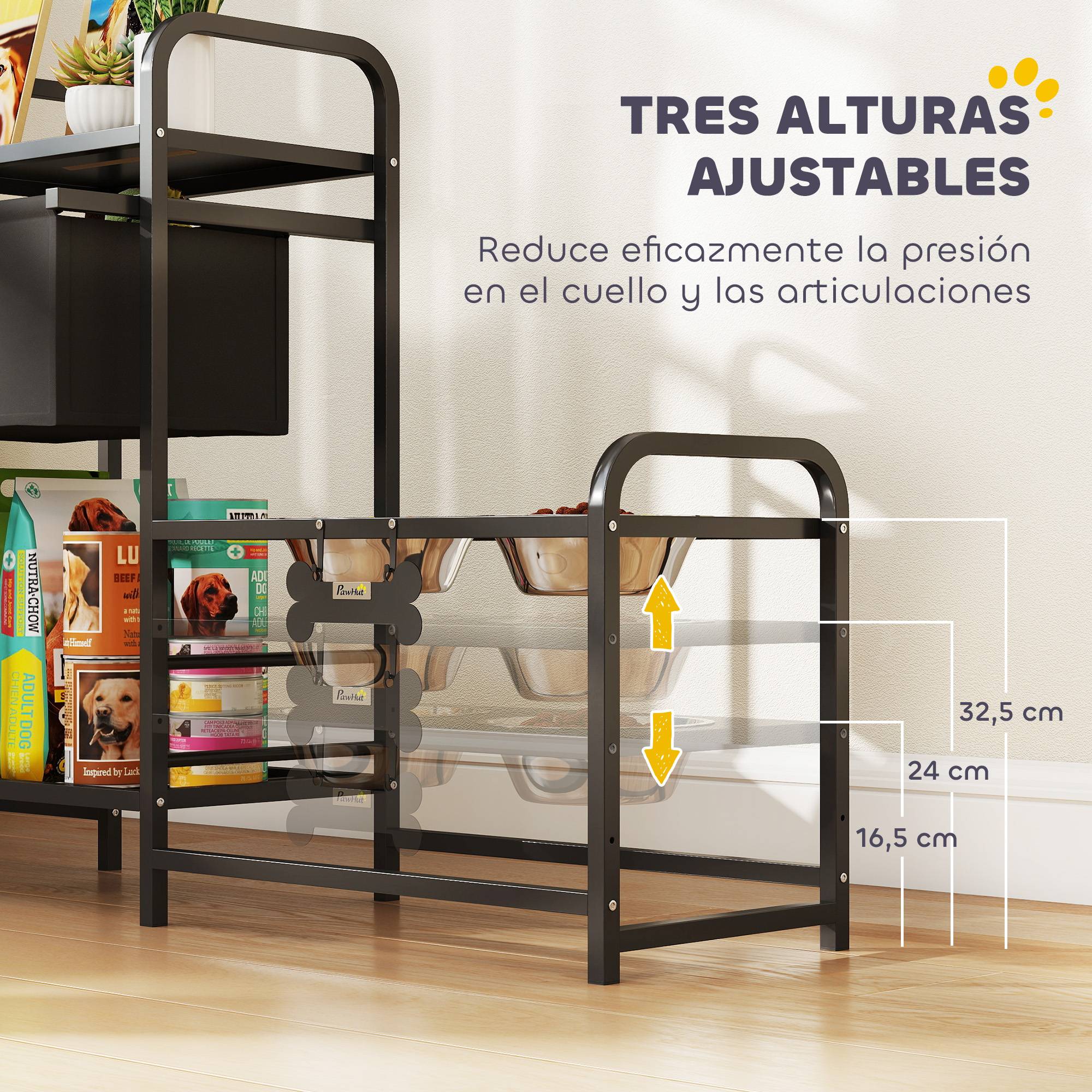 Gamelle surélevée pour chien avec tiroir en tissu, 2 gamelles en acier inoxydable (2 x 800 ml), hauteur réglable, 2 étagères, noire - Image 7