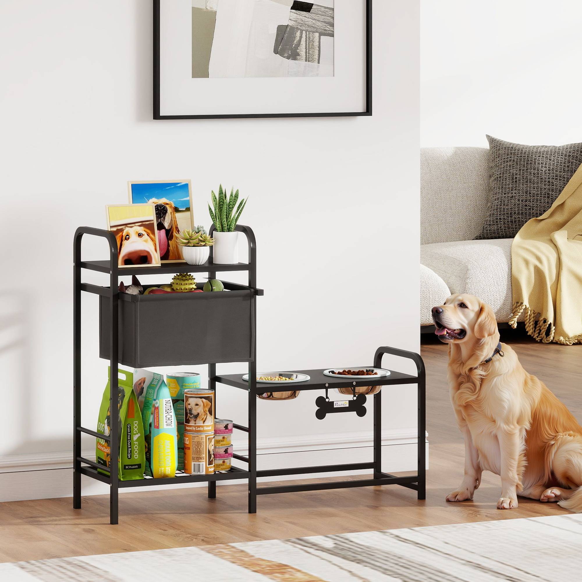 Gamelle surélevée pour chien avec tiroir en tissu, 2 gamelles en acier inoxydable (2 x 800 ml), hauteur réglable, 2 étagères, noire - Image 3