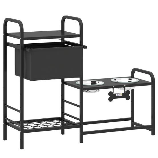 Gamelle surélevée pour chien avec tiroir en tissu, 2 gamelles en acier inoxydable (2 x 800 ml), hauteur réglable, 2 étagères, noire - Image 2