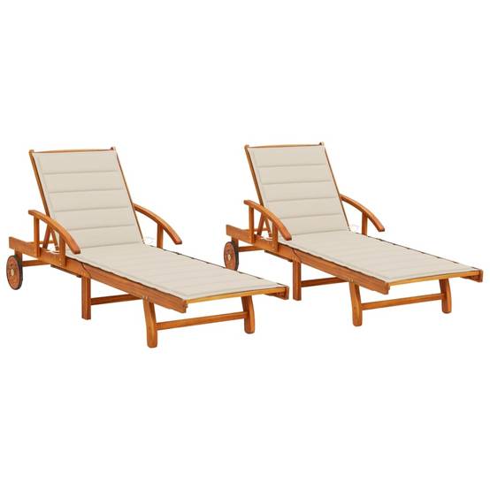 Lot 2 Transats Jardin Roulettes Bois Acacia Dossier Inclinable Pliable Beige - ComfortXL Outdoor Living - Image 1