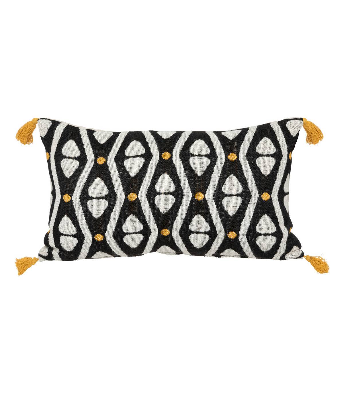 Atmosphera - Coussin décoratif Noir & Ocre motifs colorés avec pompons 30 x 50 cm - Imagen 1