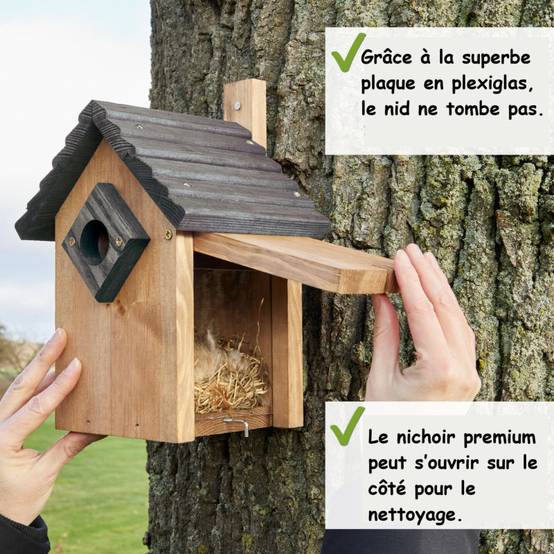 Mangeoire oiseaux extérieur à suspendre pour oiseaux sauvages en bois massif toit gris - Image 2