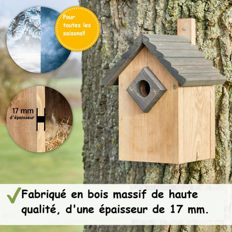 Mangeoire oiseaux extérieur à suspendre pour oiseaux sauvages en bois massif toit gris - Image 3