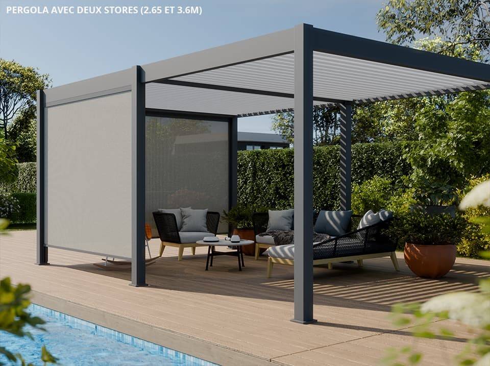 Pergola Bioclimatique Aluminium Autoportée 19m² - 3,6x5,3 - Deux Stores Inclus  - Anthracite - 34 lames en Aluminium a 120 degrés - Image 1