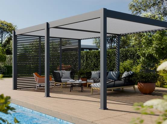 Pergola Bioclimatique Aluminium Autoportée 19m² - 3,6x5,3 - Deux Stores Inclus - Anthracite - 34 lames en Aluminium a 120 degrés - Image 3