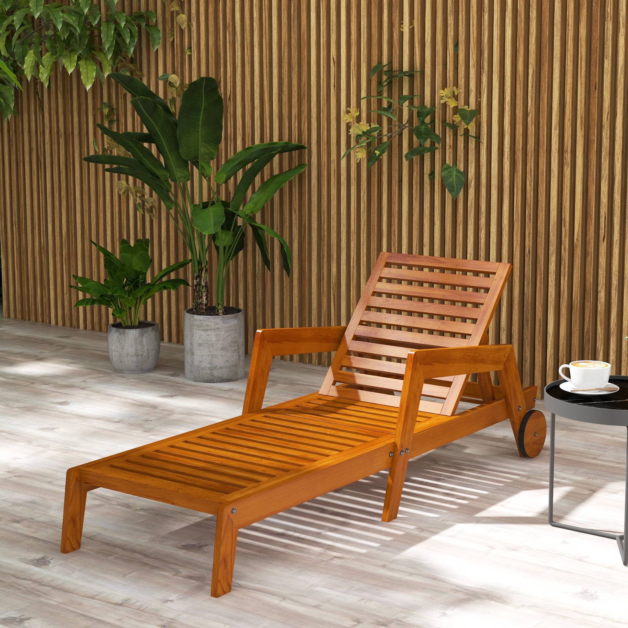 Outsunny - Bain de soleil transat inclinable 3 positions - accoudoirs, roues - bois de mélèze verni - Outsunny - Imagen 2