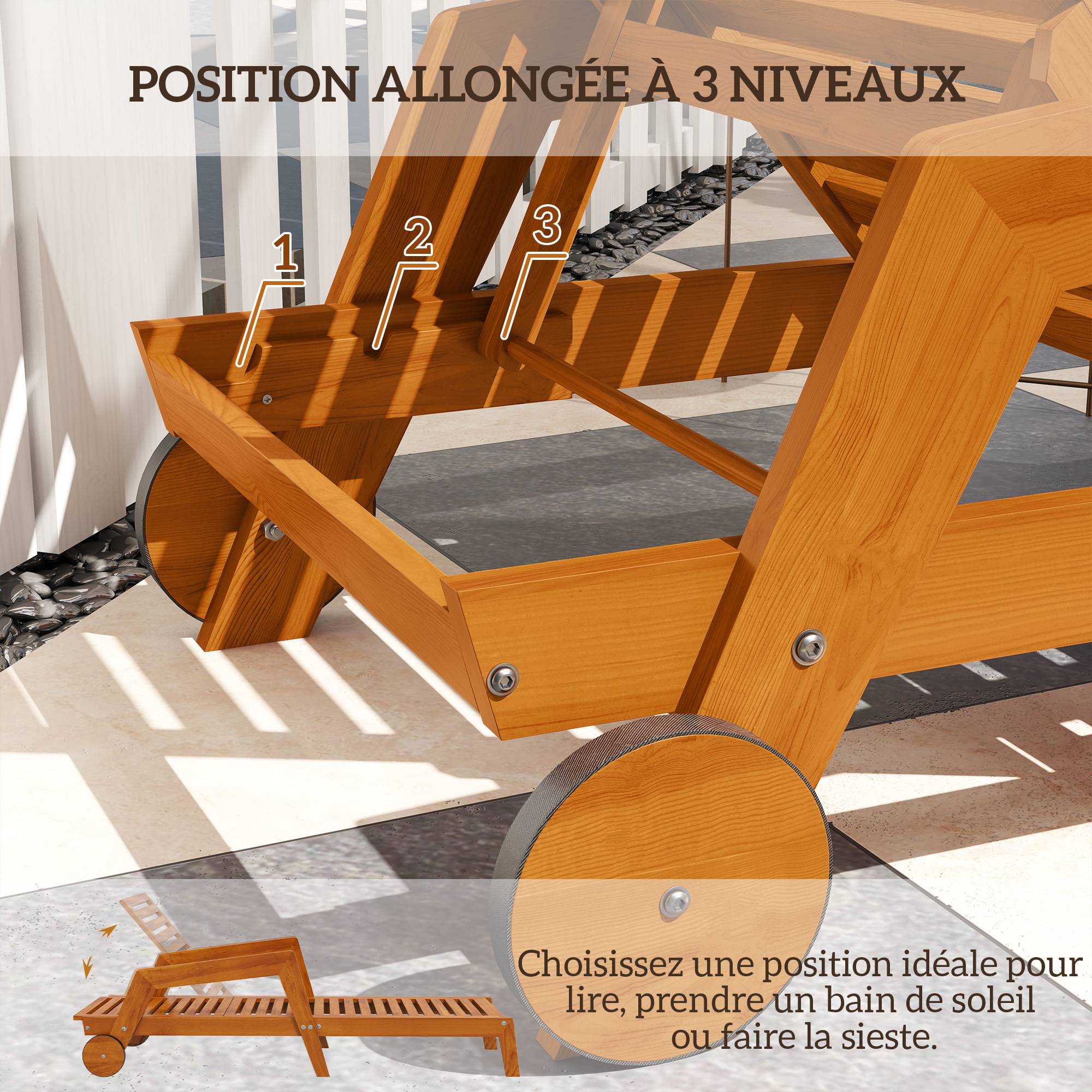 Outsunny - Bain de soleil transat inclinable 3 positions - accoudoirs, roues - bois de mélèze verni - Outsunny - Imagen 4